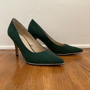 Green Velvet Heels with Gold Trim